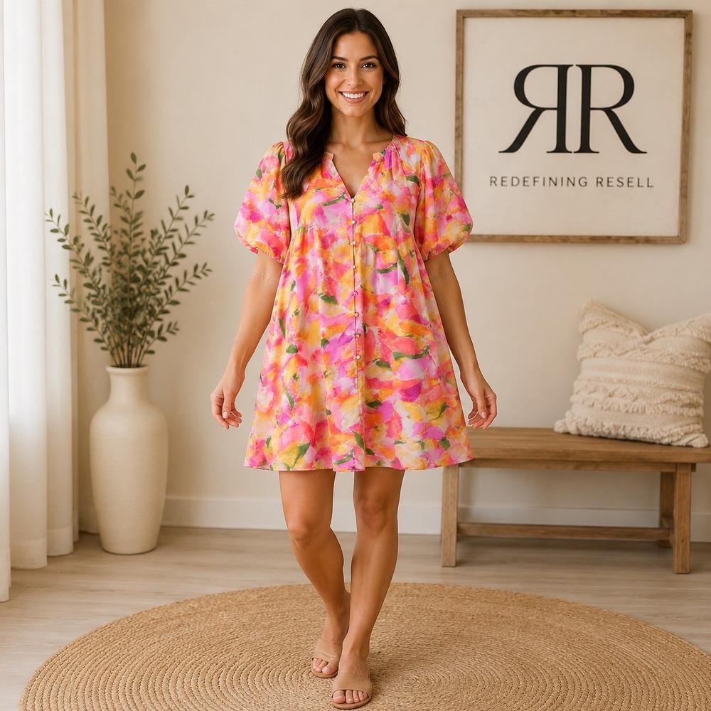 Entro Womens Pink Orange Watercolor Floral Puff Sleeve Babydoll Mini Dress Small